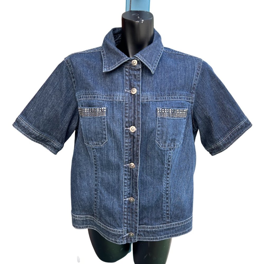 Chico's Denim Jeans Jacket Beading Dark Wash Button Front Short Sleeve Blue 2